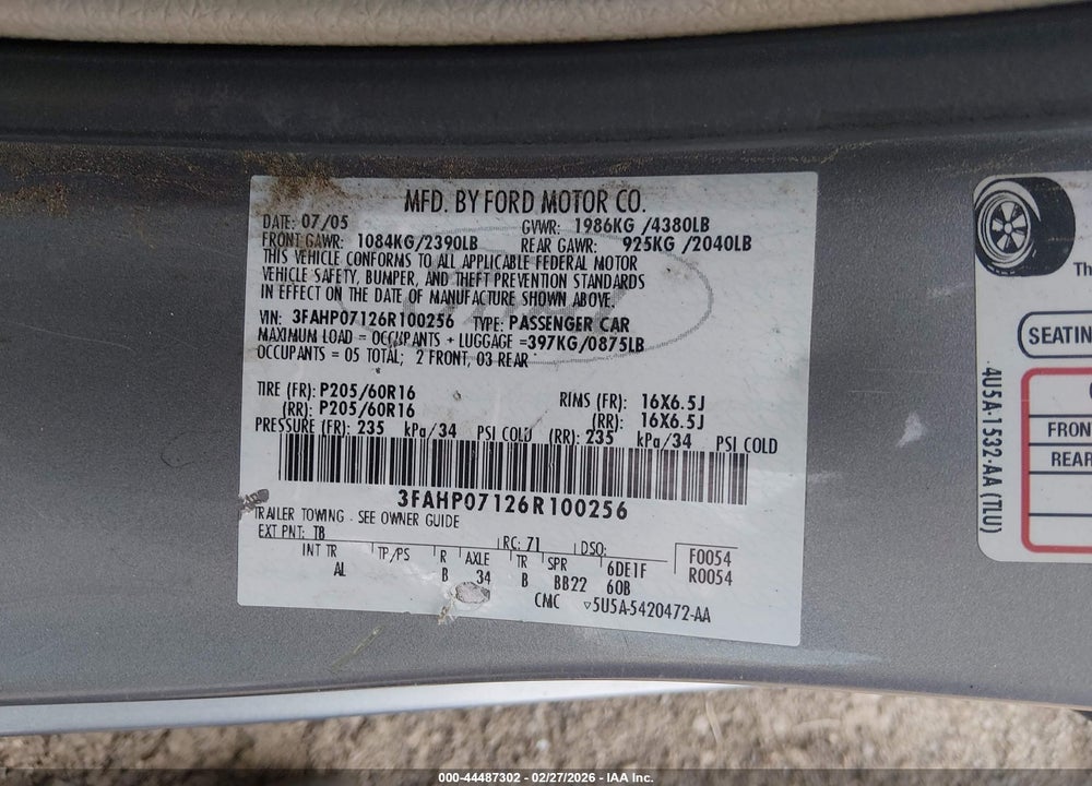 2006 FORD FUSION SE VIN: 3FAHP07126R100256
