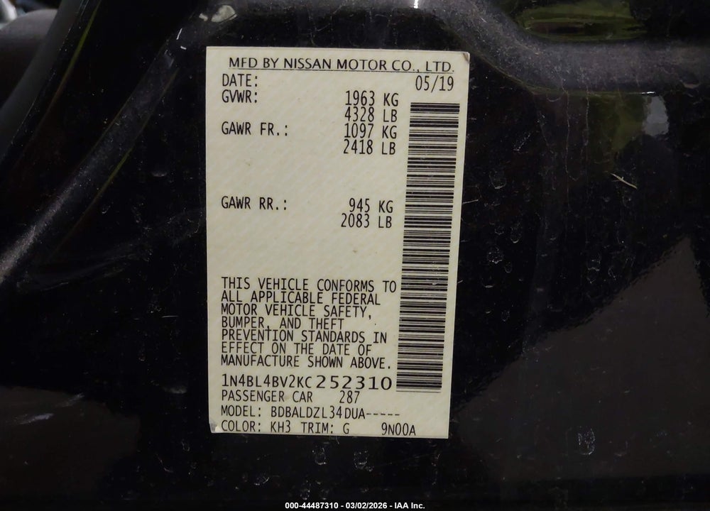 2019 NISSAN ALTIMA 2.5 S VIN: 1N4BL4BV2KC252310