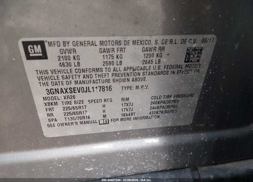 2018 CHEVROLET EQUINOX LT VIN: 3GNAXSEV0JL117816