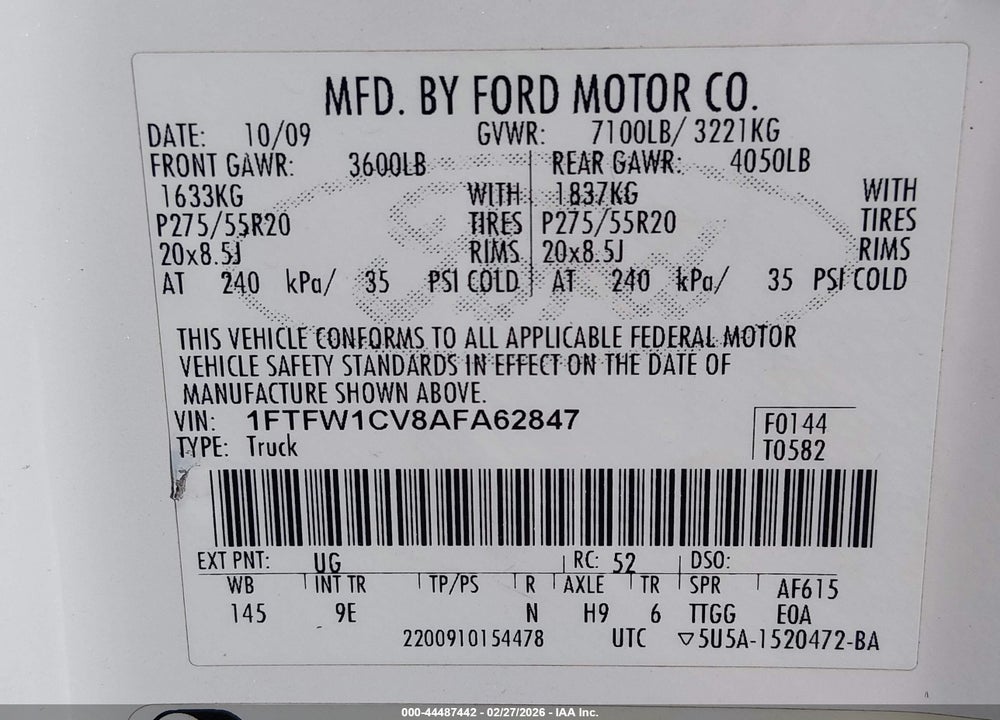 2010 FORD F-150 FX2 SPORT/HARLEY-DAVIDSON/KING RANCH/LARIAT/PLATINUM/XL/XLT VIN: 1FTFW1CV8AFA62847
