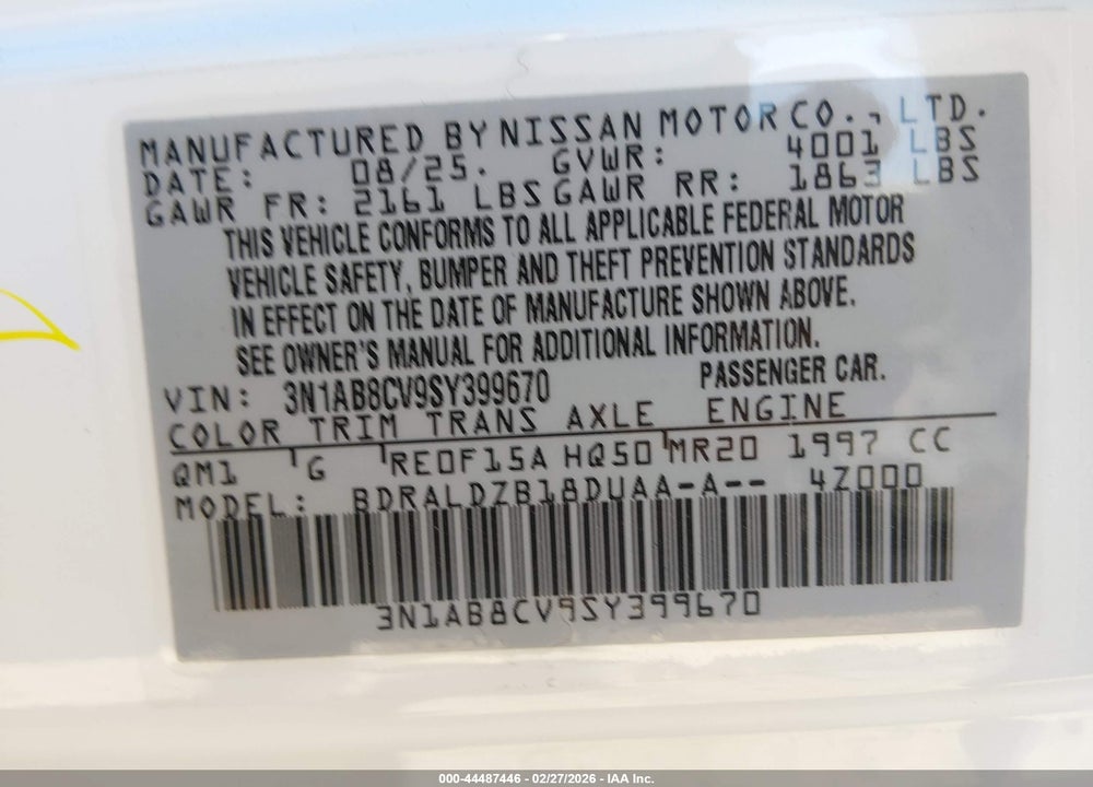 2025 NISSAN SENTRA SV VIN: 3N1AB8CV9SY399670