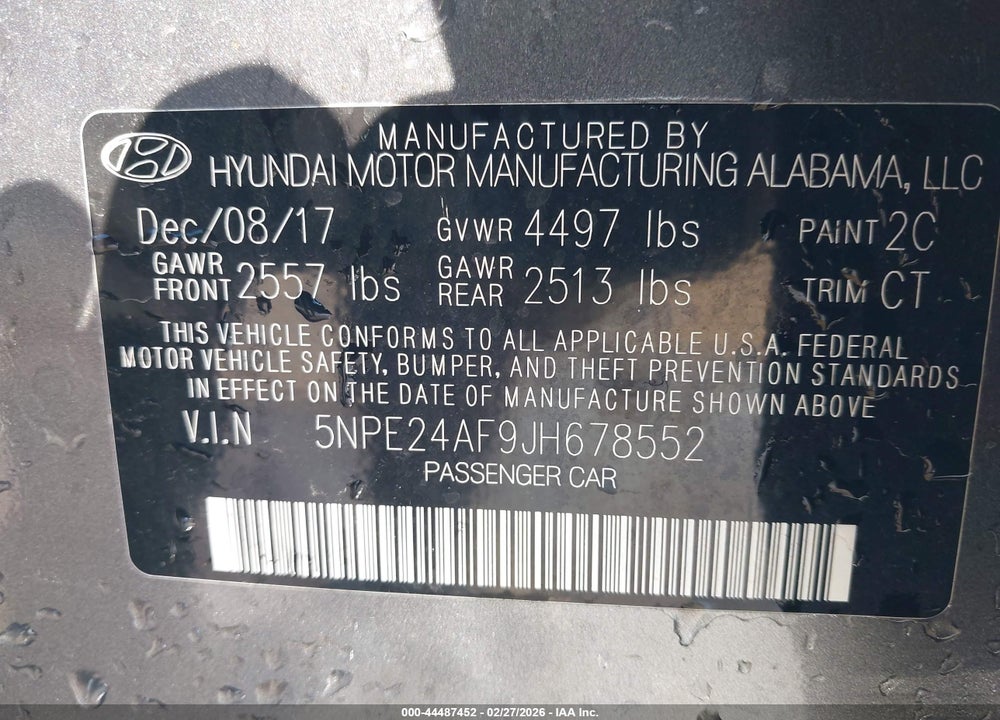 2018 HYUNDAI SONATA SE VIN: 5NPE24AF9JH678552