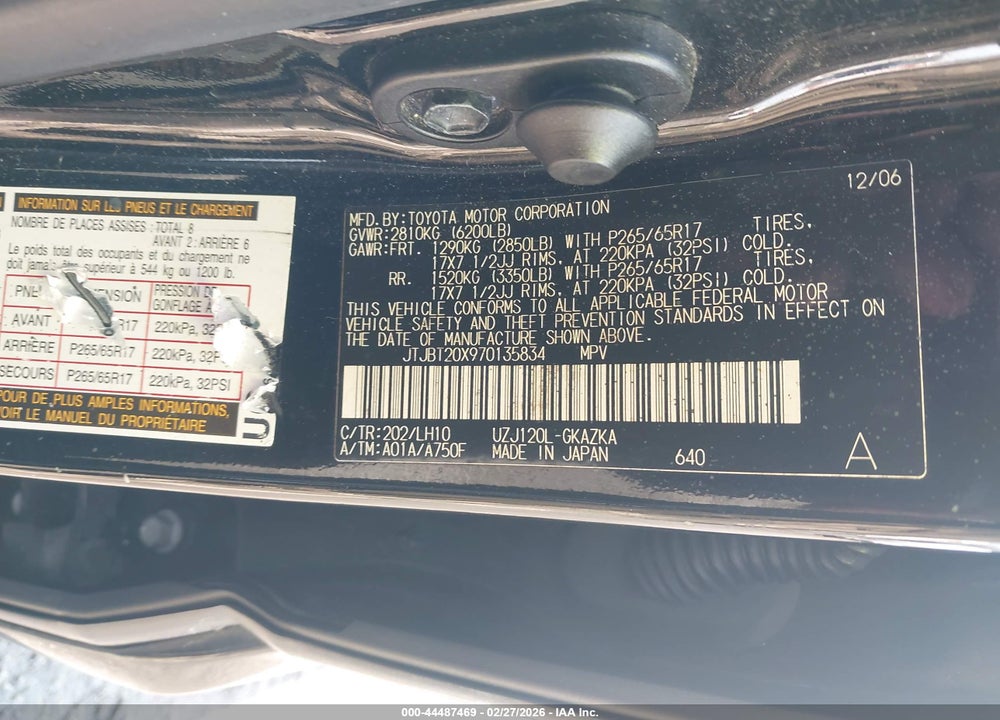 2007 LEXUS GX 470 VIN: JTJBT20X970135834