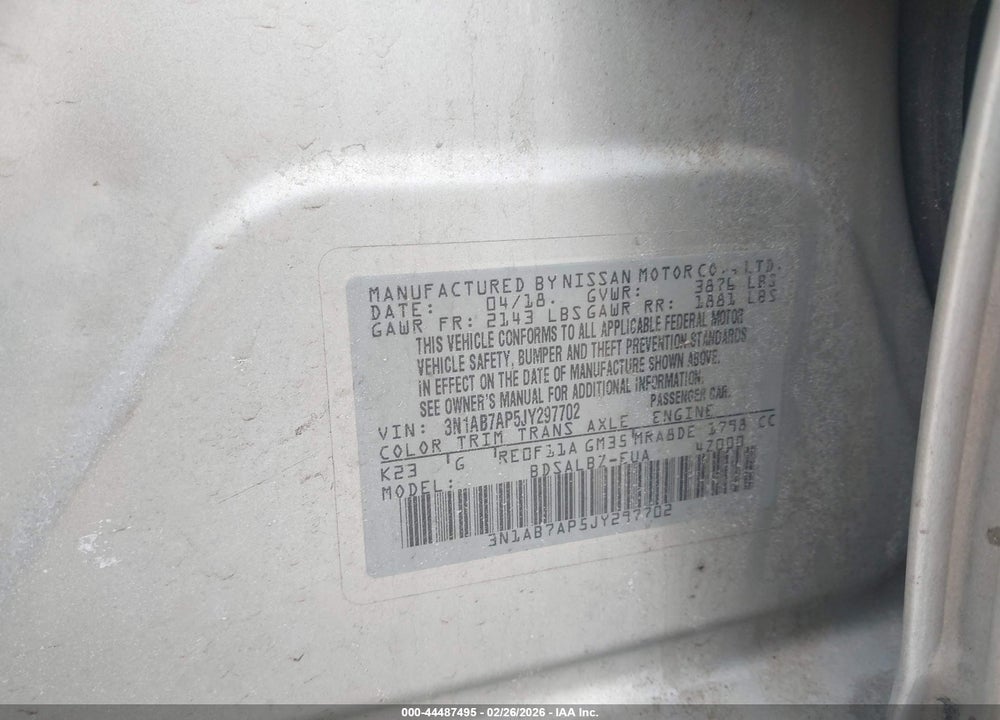 2018 NISSAN SENTRA S VIN: 3N1AB7AP5JY297702