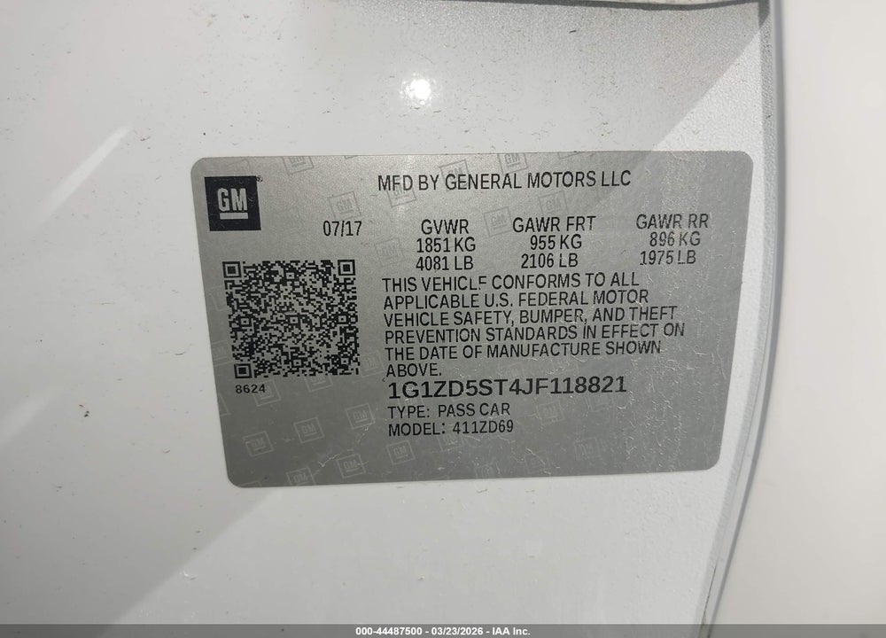 2018 CHEVROLET MALIBU LT VIN: 1G1ZD5ST4JF118821