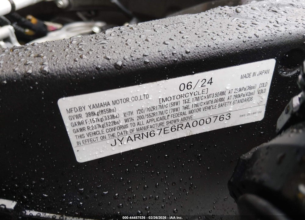 2024 YAMAHA YZFR1M VIN: JYARN67E6RA000763