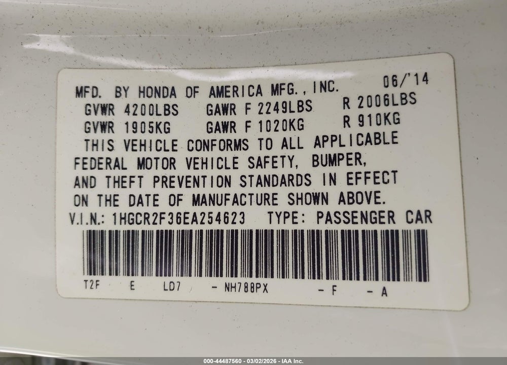 2014 HONDA ACCORD LX VIN: 1HGCR2F36EA254623