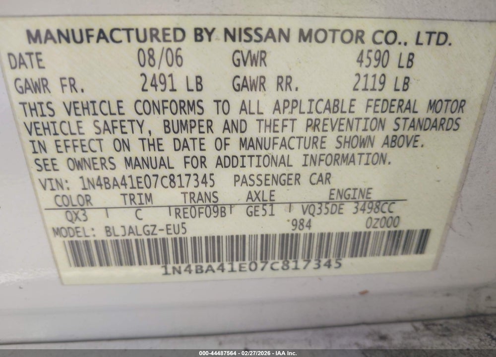 2007 NISSAN MAXIMA 3.5 SL VIN: 1N4BA41E07C817345