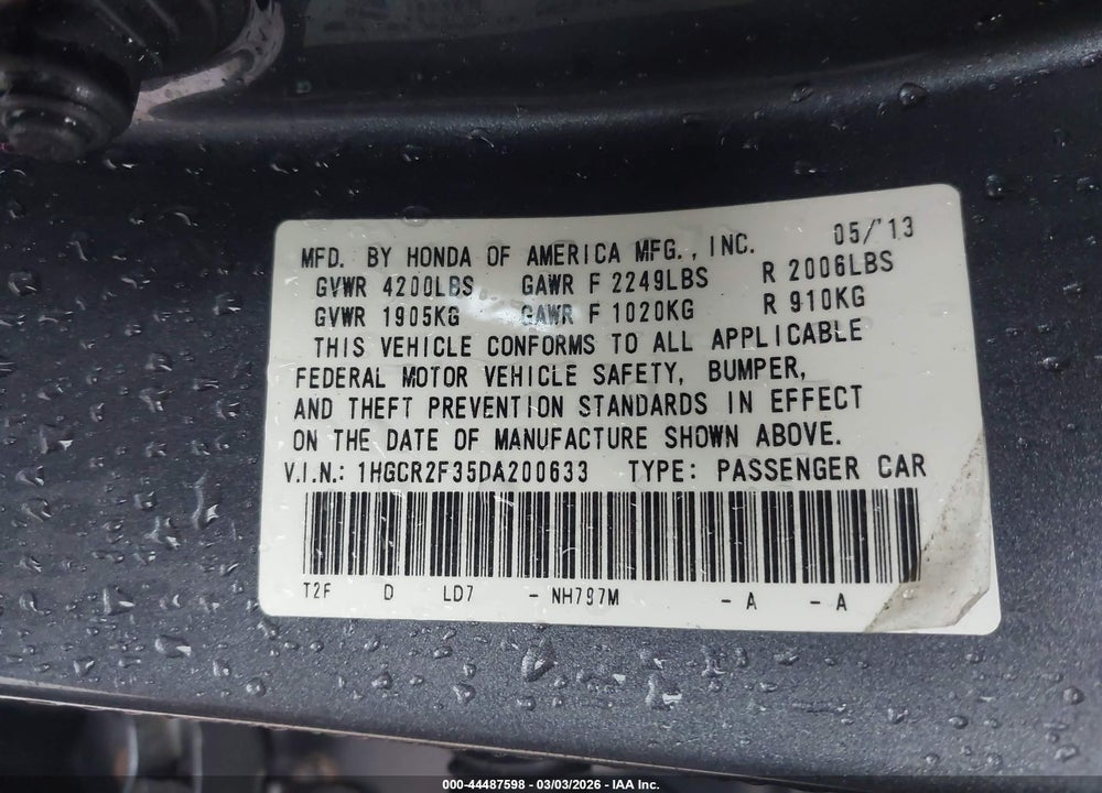 2013 HONDA ACCORD LX VIN: 1HGCR2F35DA200633