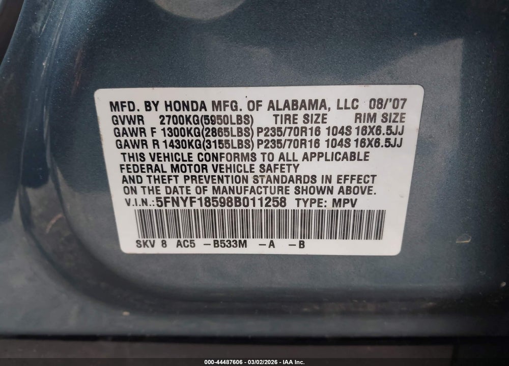 2008 HONDA PILOT EX-L VIN: 5FNYF18598B011258