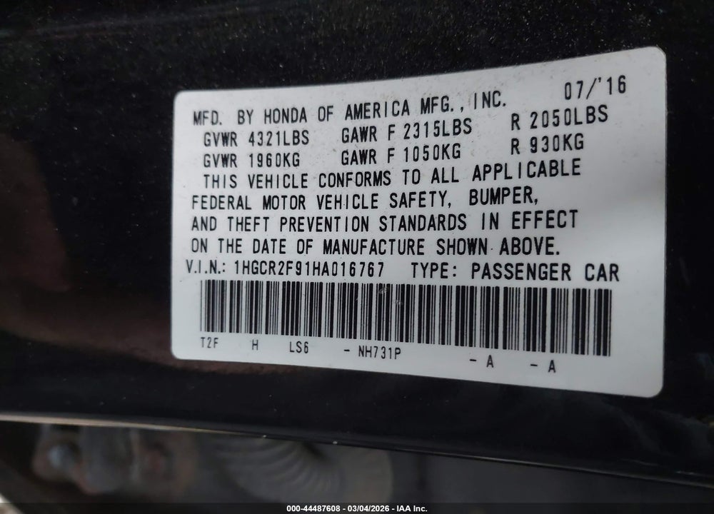 2017 HONDA ACCORD EX-L VIN: 1HGCR2F91HA016767