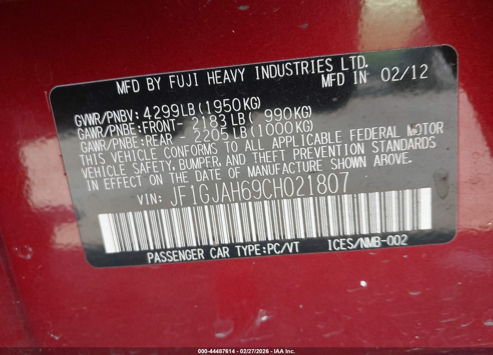 2012 SUBARU IMPREZA 2.0I LIMITED VIN: JF1GJAH69CH021807