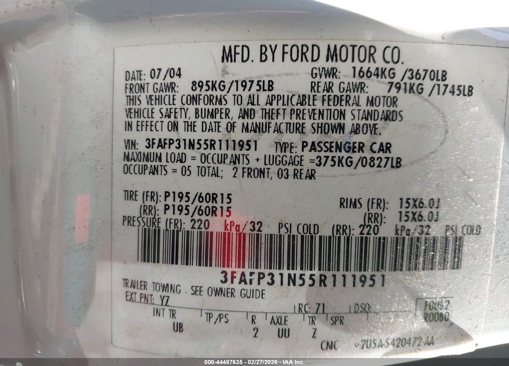 2005 FORD FOCUS ZX3 VIN: 3FAFP31N55R111951