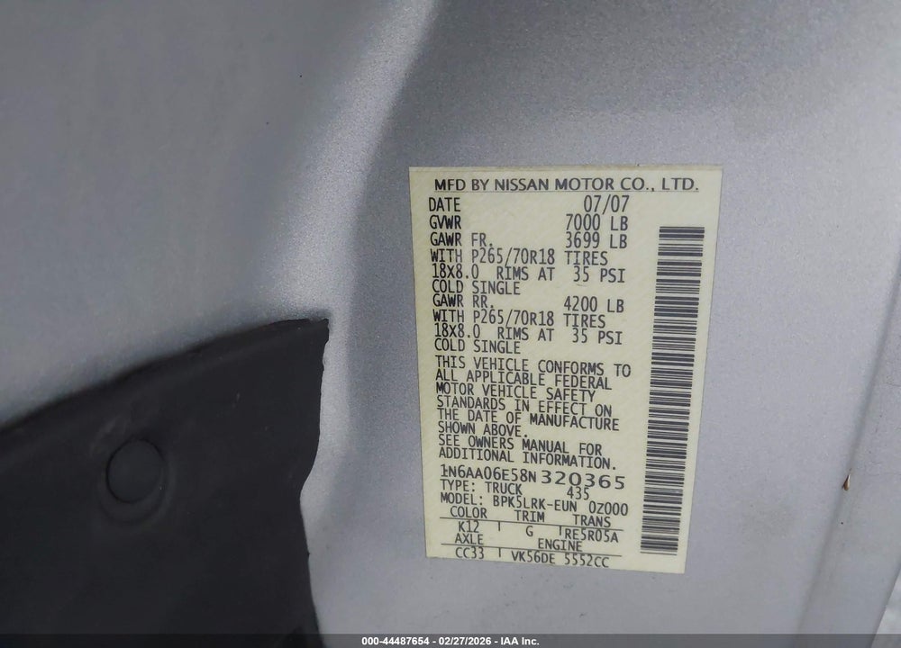 2008 NISSAN TITAN XE VIN: 1N6AA06E58N320365