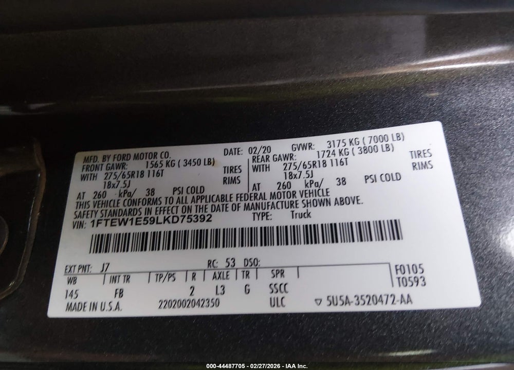 2020 FORD F-150 XLT VIN: 1FTEW1E59LKD75392