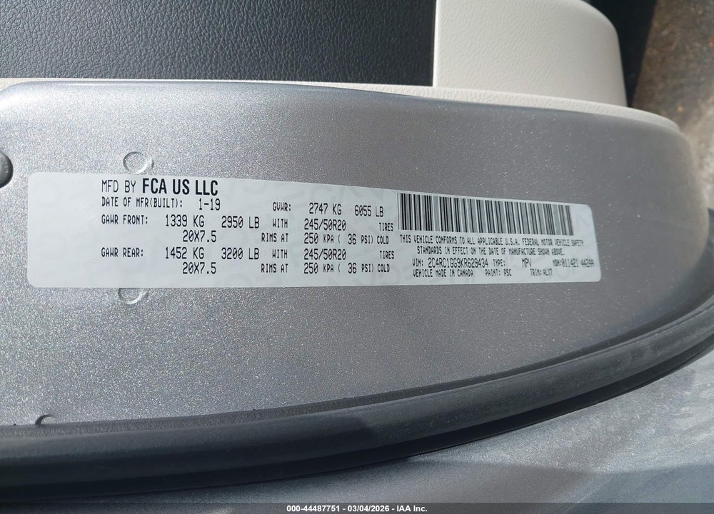 2019 CHRYSLER PACIFICA LIMITED VIN: 2C4RC1GG9KR629434