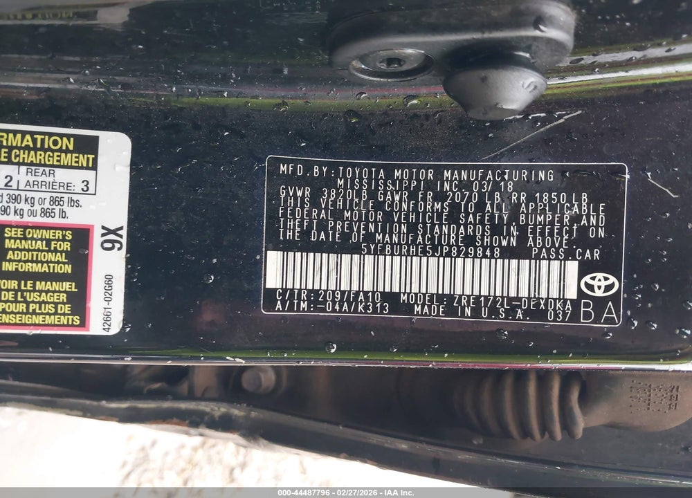 2018 TOYOTA COROLLA L VIN: 5YFBURHE5JP829848