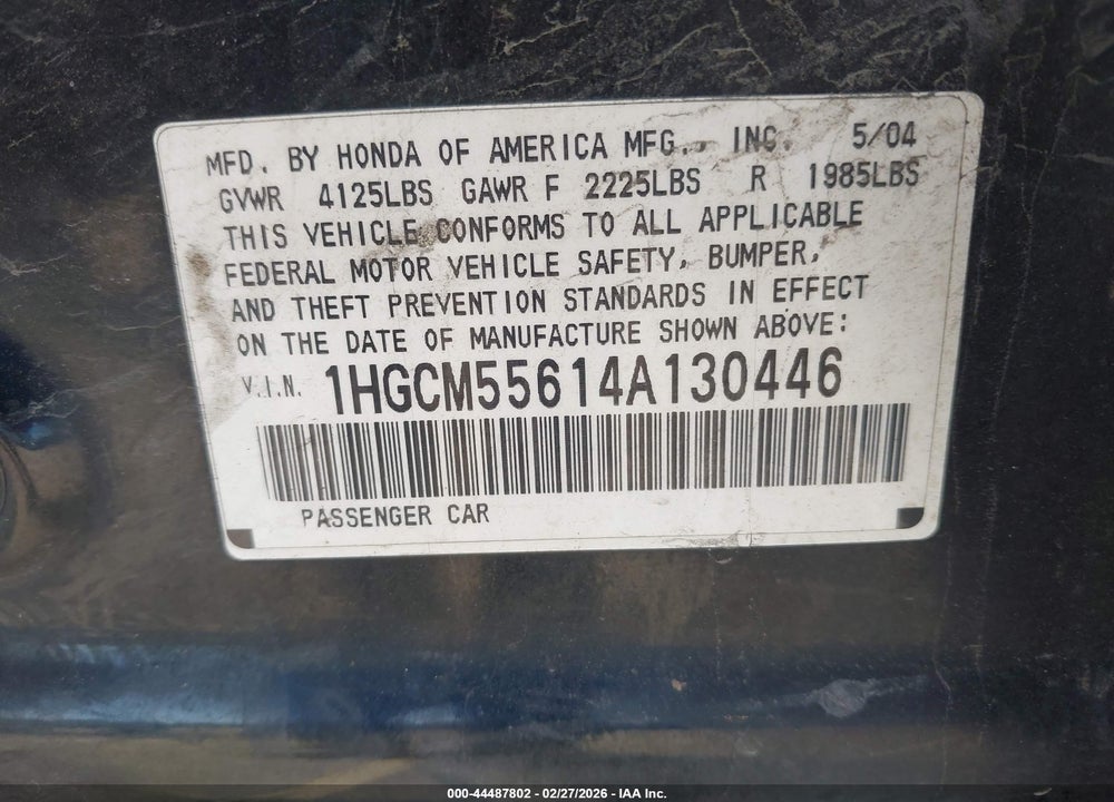 2004 HONDA ACCORD 2.4 EX VIN: 1HGCM55614A130446