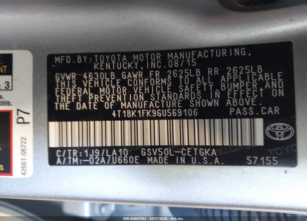 2016 TOYOTA CAMRY XLE V6 VIN: 4T1BK1FK9GU569106
