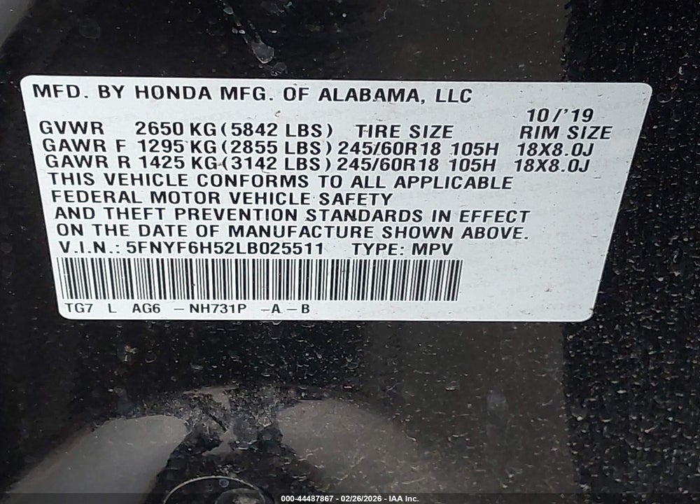 2020 HONDA PILOT EX-L VIN: 5FNYF6H52LB025511