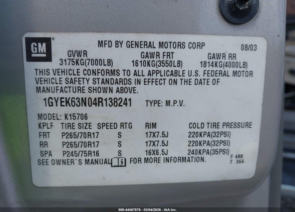 2004 CADILLAC ESCALADE STANDARD VIN: 1GYEK63N04R138241