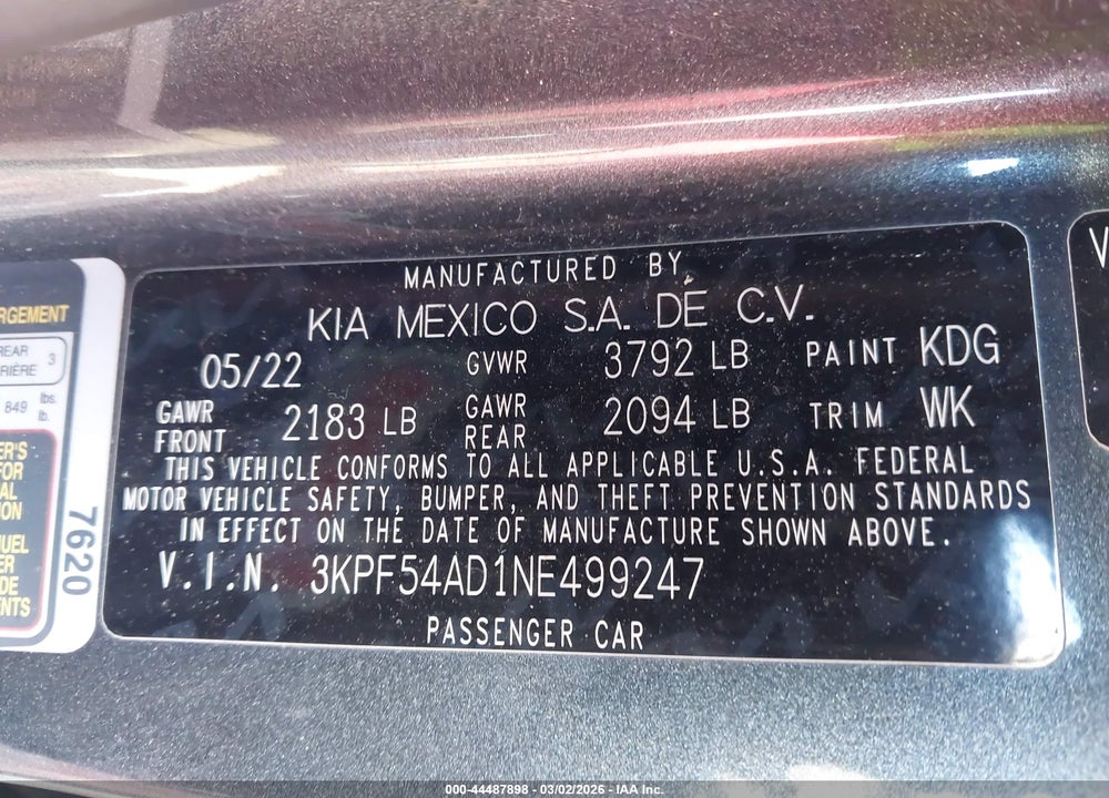 2022 KIA FORTE GT-LINE VIN: 3KPF54AD1NE499247