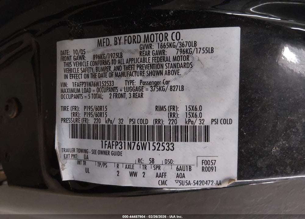 2006 FORD FOCUS ZX3 VIN: 1FAFP31N76W152533