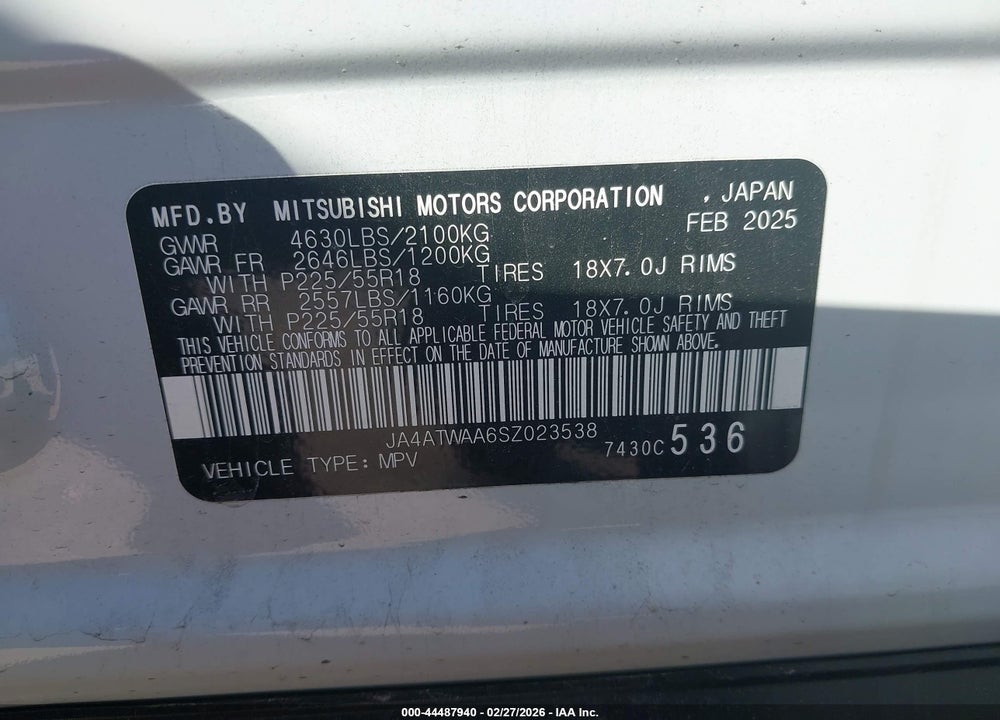 2025 MITSUBISHI ECLIPSE CROSS SE S-AWC VIN: JA4ATWAA6SZ023538