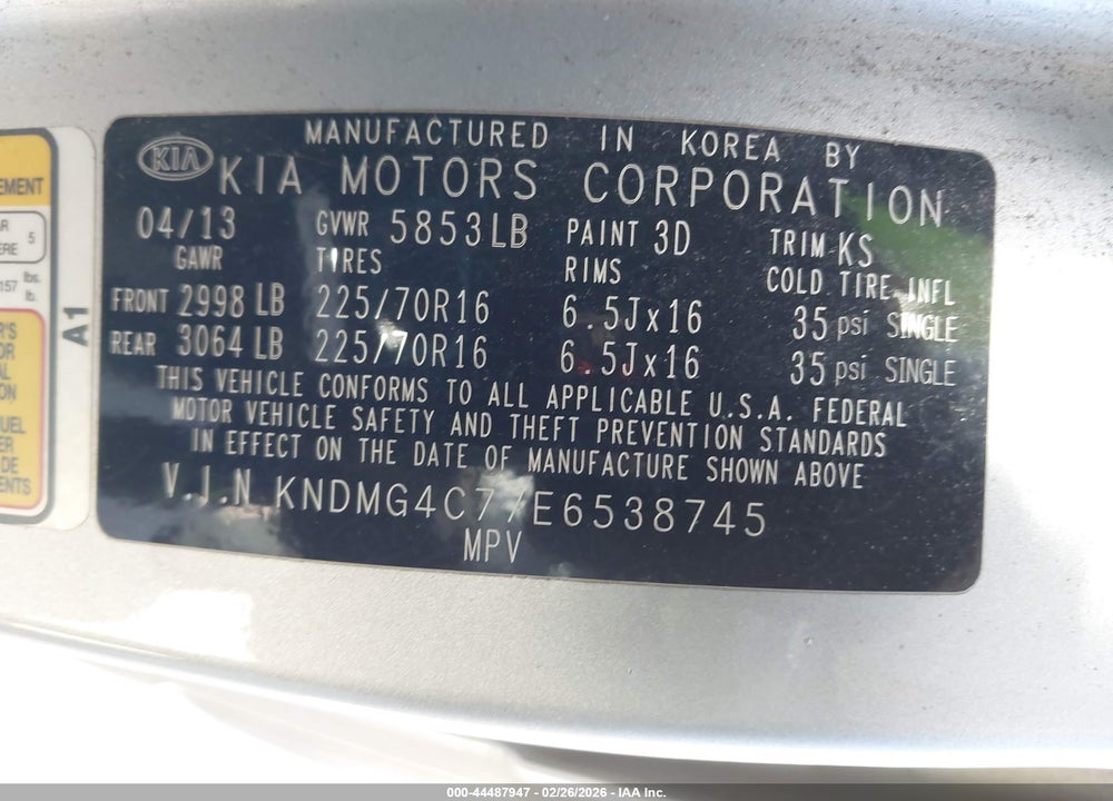 2014 KIA SEDONA LX VIN: KNDMG4C77E6538745