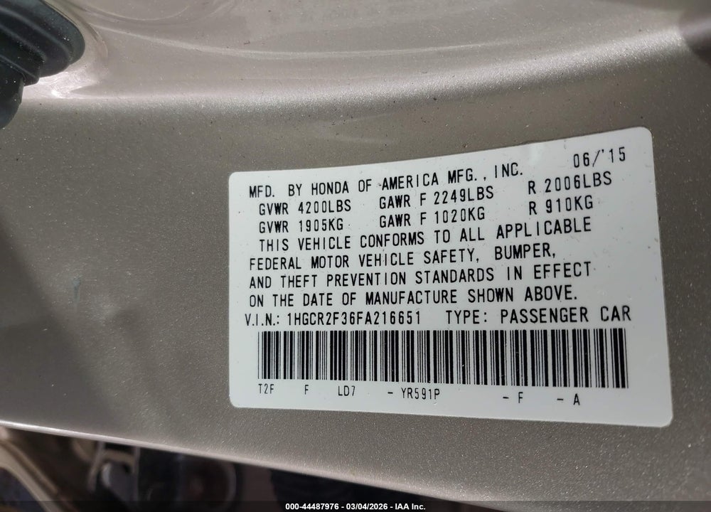 2015 HONDA ACCORD LX VIN: 1HGCR2F36FA216651