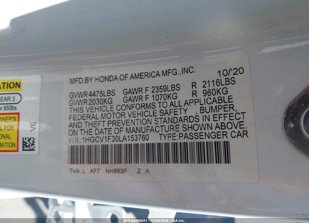 2020 HONDA ACCORD SPORT VIN: 1HGCV1F30LA153760
