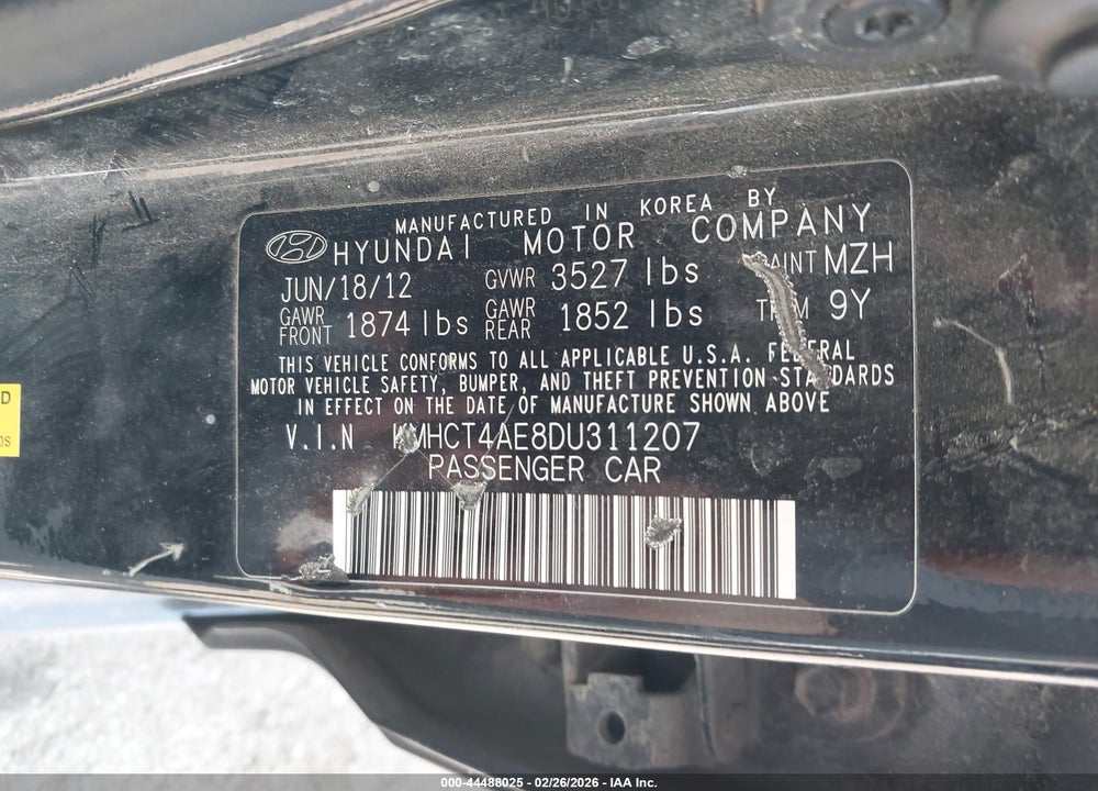2013 HYUNDAI ACCENT GLS VIN: KMHCT4AE8DU311207