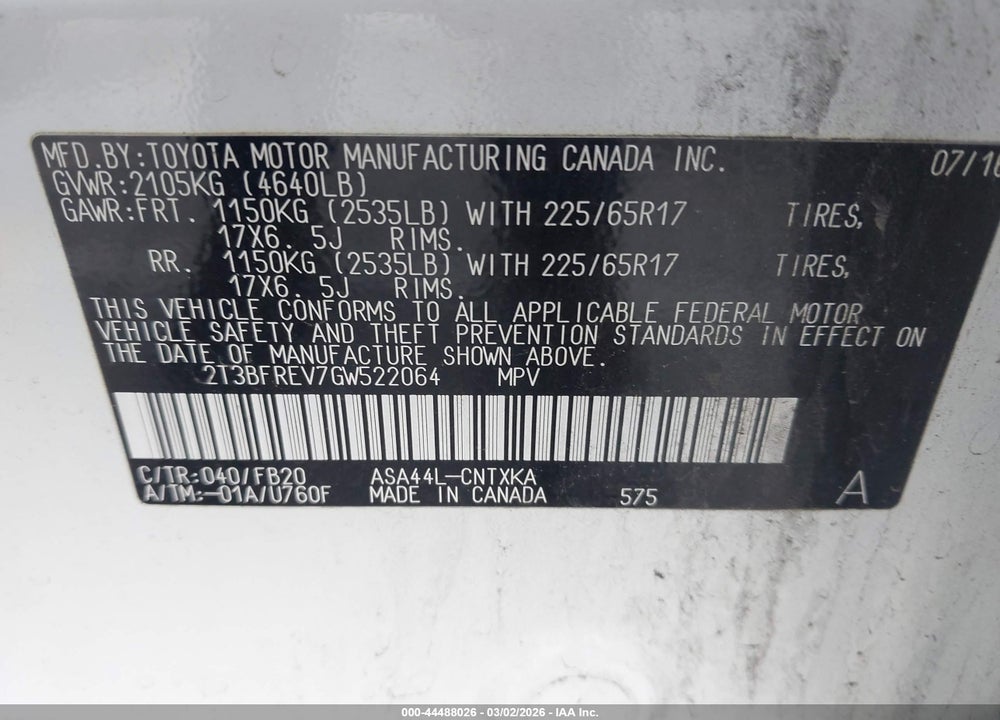 2016 TOYOTA RAV4 LE VIN: 2T3BFREV7GW522064