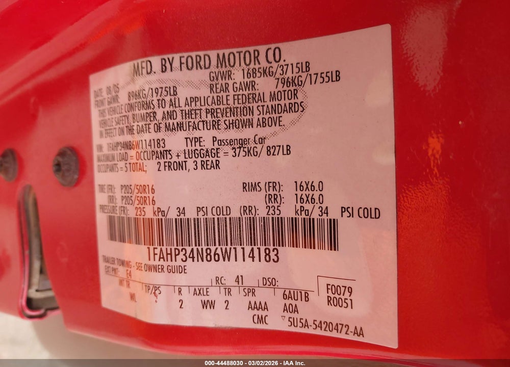 2006 FORD FOCUS ZX4 VIN: 1FAHP34N86W114183