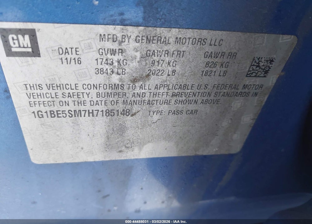 2017 CHEVROLET CRUZE LT AUTO VIN: 1G1BE5SM7H7185148