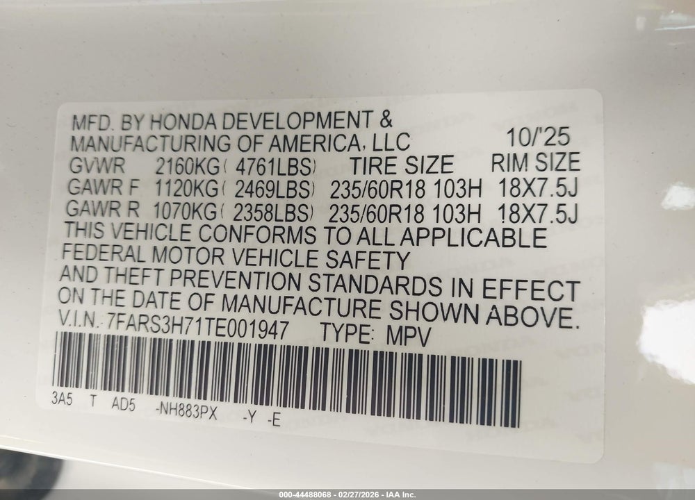 2026 HONDA CR-V EX-L 2WD VIN: 7FARS3H71TE001947