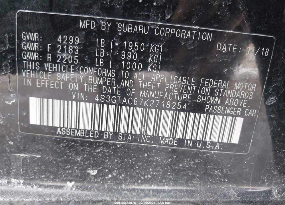 2019 SUBARU IMPREZA 2.0I PREMIUM VIN: 4S3GTAC67K3718254
