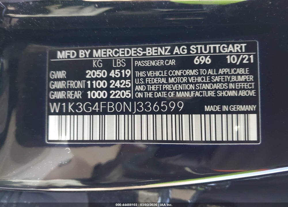 2022 MERCEDES-BENZ A 220 4MATIC VIN: W1K3G4FB0NJ336599