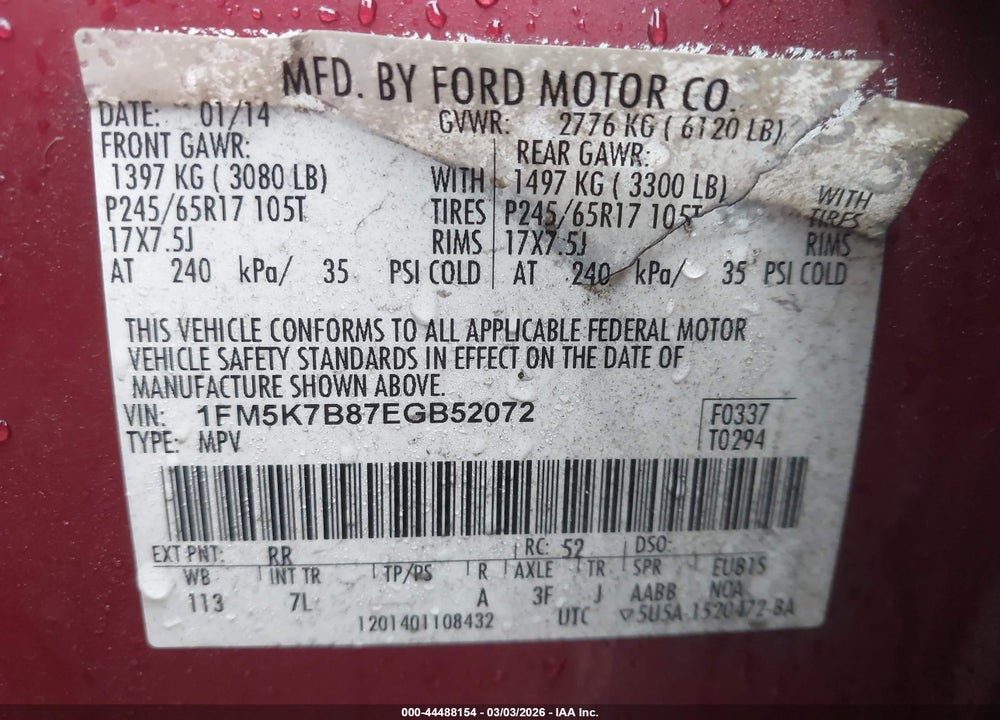 2014 FORD EXPLORER VIN: 1FM5K7B87EGB52072