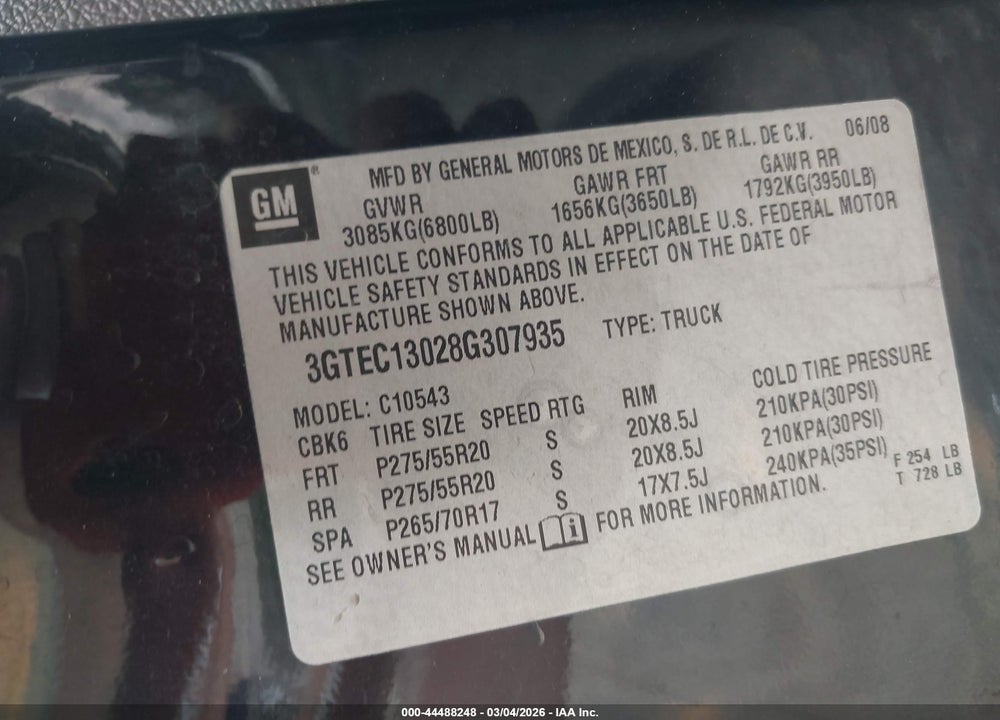 2008 GMC SIERRA 1500 SLE2 VIN: 3GTEC13028G307935