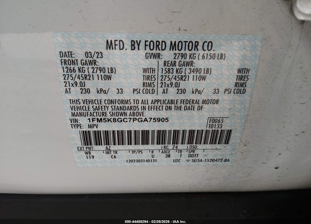 2023 FORD EXPLORER ST VIN: 1FM5K8GC7PGA75905