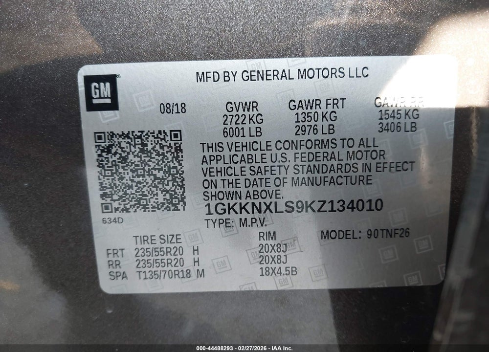 2019 GMC ACADIA DENALI VIN: 1GKKNXLS9KZ134010