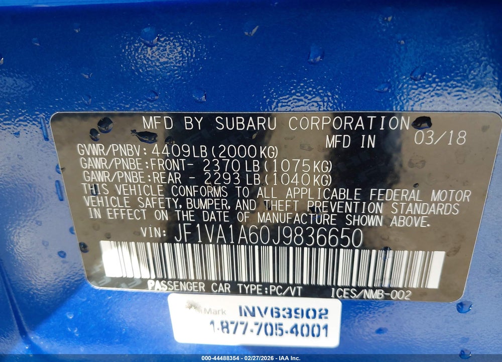2018 SUBARU WRX VIN: JF1VA1A60J9836650