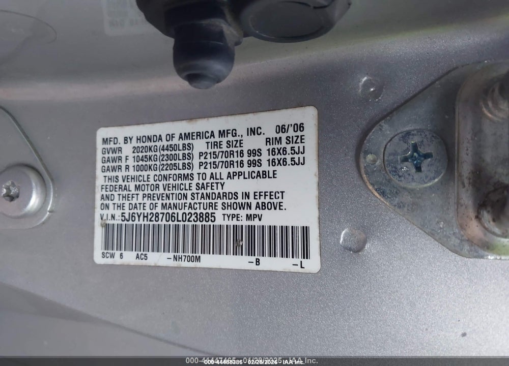 2006 HONDA ELEMENT EX-P VIN: 5J6YH28706L023885
