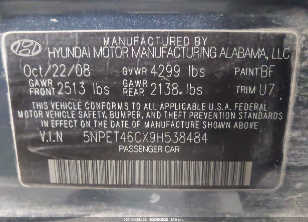 2009 HYUNDAI SONATA GLS VIN: 5NPET46CX9H538484