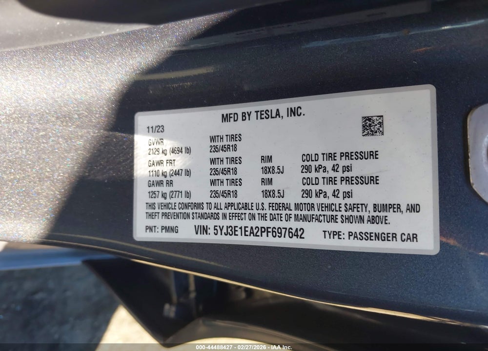 2023 TESLA MODEL 3 REAR-WHEEL DRIVE VIN: 5YJ3E1EA2PF697642