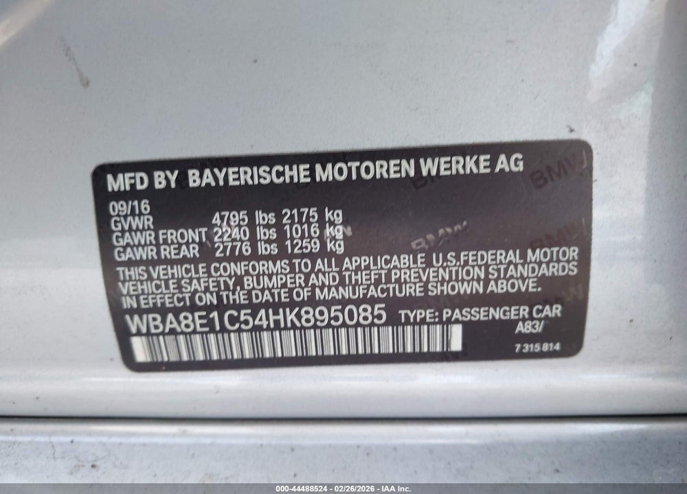 2017 BMW 330E IPERFORMANCE VIN: WBA8E1C54HK895085