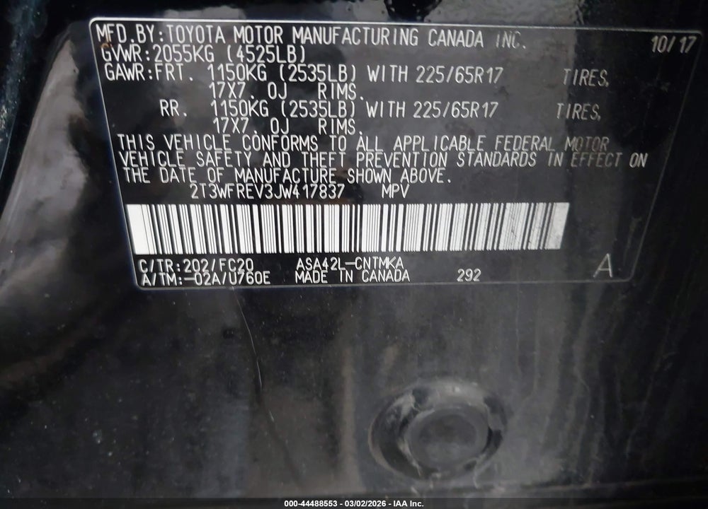 2018 TOYOTA RAV4 XLE VIN: 2T3WFREV3JW417837