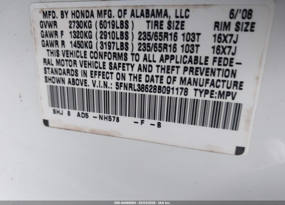 2008 HONDA ODYSSEY EX-L VIN: 5FNRL38628B091178