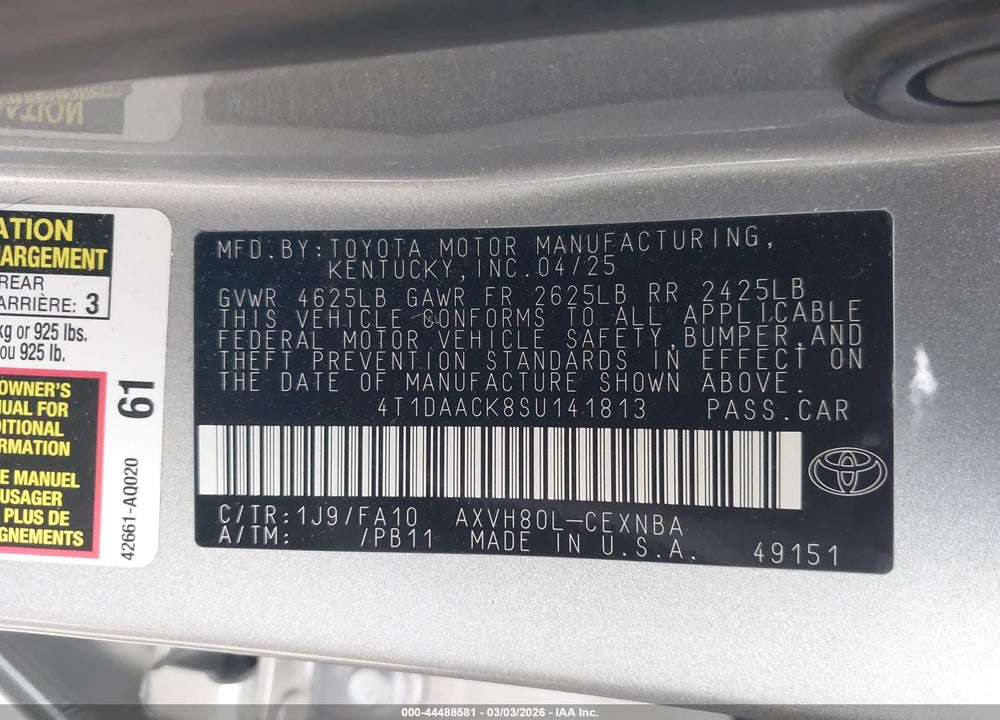 2025 TOYOTA CAMRY LE VIN: 4T1DAACK8SU141813